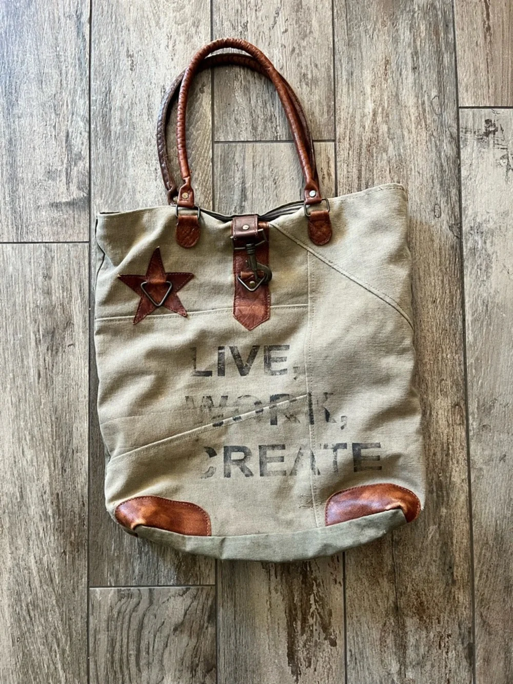 Mona B upcycled “live work create” canvas & vegan leather tote - Picture 7 of 7